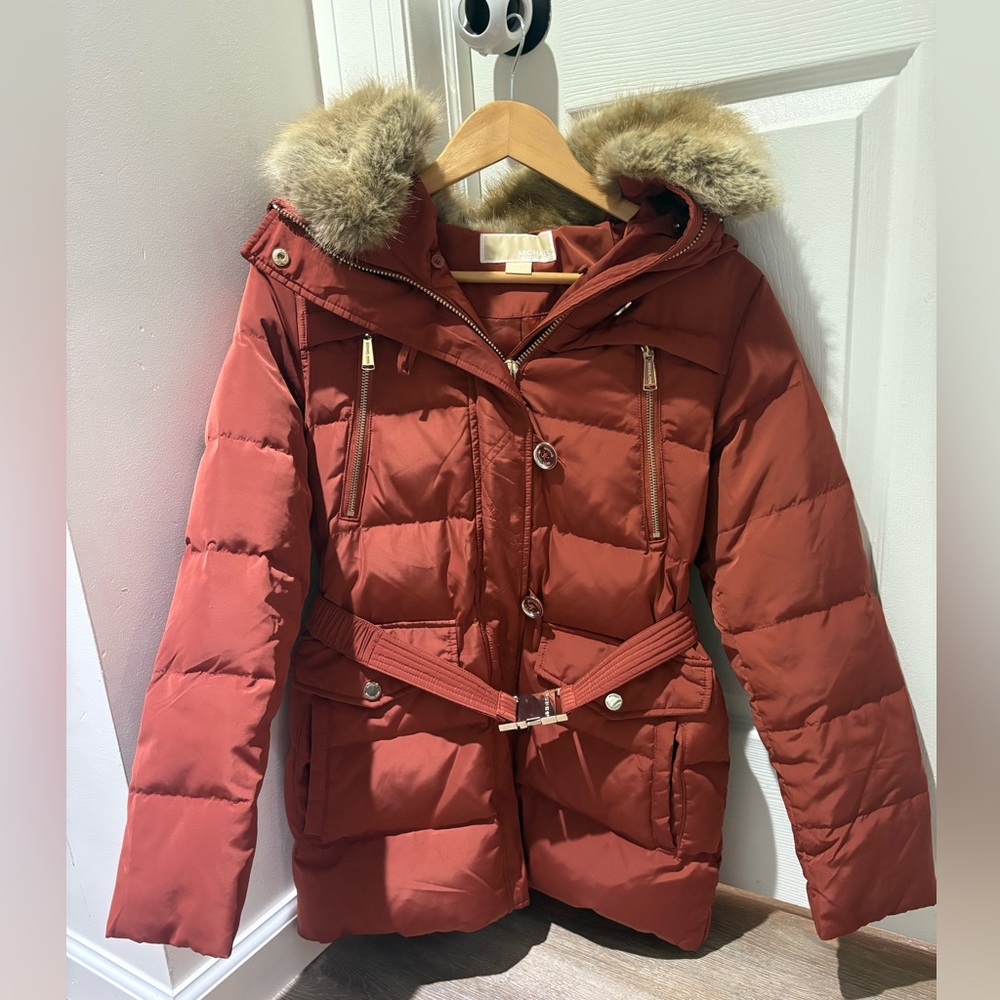 Petite Small Rust Michael Kors Belted Puffer